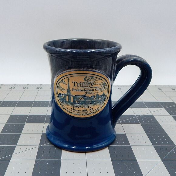 Deneen Pottery Trinity Presbyterian Church 2017 Blue Green Drip Glaze Coffee Mug - Picture 1 of 8